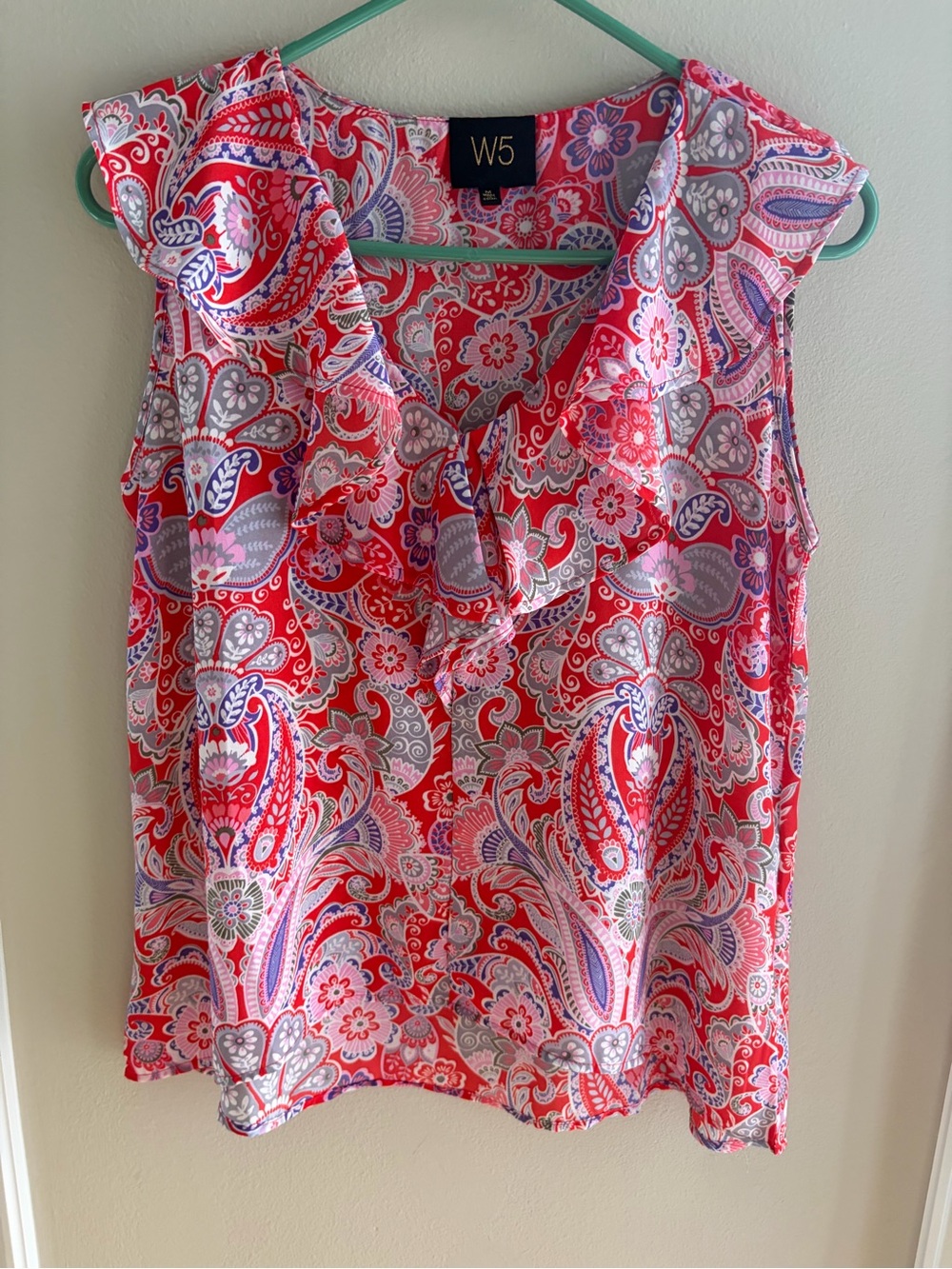 Anthropologie W5 Red Paisley Ruffle V-Neck Top M